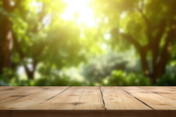 Naklejka na ściany i meble Empty wooden table top with lights bokeh on blur background. 3d render illustration.
