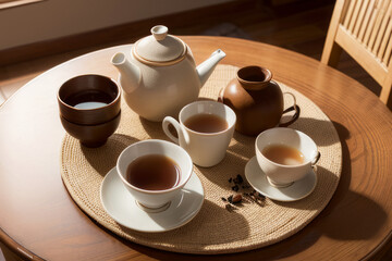 cups of tea and a teapot on a table,generative ai