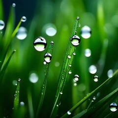 water drops on green grass after rain in the morning. Green natural background of raindrops on grass - beauty of nature.