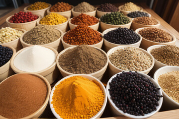 a wooden table topped with bowls filled with different types of spices,generative ai