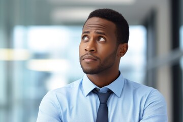 Fototapeta premium Black History Month, Head shot thoughtful african american businessman looking away. Manager thinking of problem solution at office.
