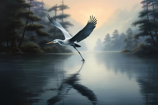 A serene scene of a tranquil lake reflecting the image of a graceful heron taking flight.