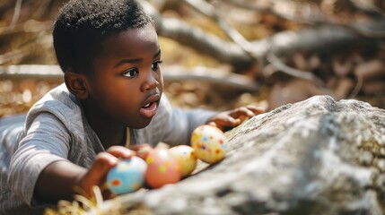 Little happy black kid is hunting for Easter eggs. Easter traditions.