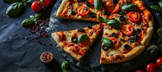 Delicious pizza on black stone background with top view, ingredients, and empty space for text