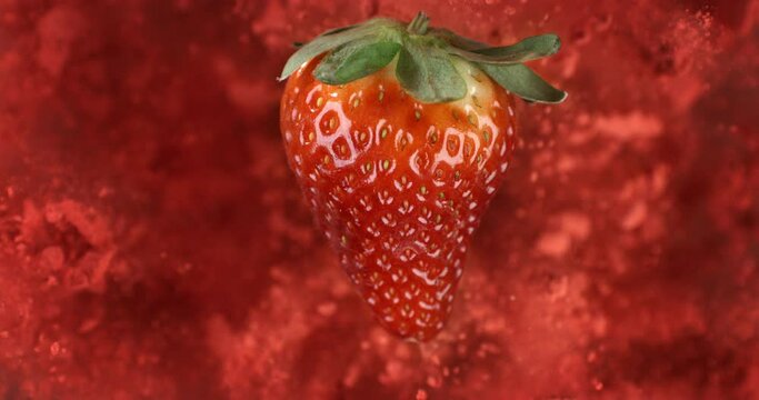 Super slow motion macro of fresh ripe bio organic strawberry fruit with splashing bright red colors powder particles explosion at 1000 fps.