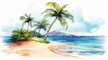 Fototapeta na wymiar A tropical beach, in watercolor clipart style