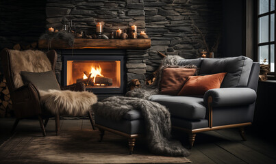 A cozy dark hygge style living room with a working fireplace and brick wall and armchairs at a hotel suite or luxurious winter cabin