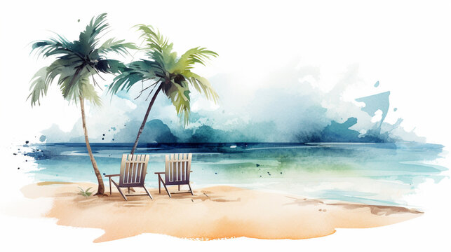 A tropical beach, in watercolor clipart style