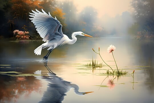 A serene scene of a tranquil lake reflecting the image of a graceful heron taking flight.