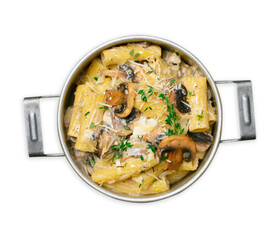 Creamy Mushroom Pasta with Fresh Thyme and Parmesan in a Vintage Pot on White Background