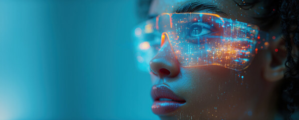 portrait of a young woman wearing futuristic VR AR glasses on a light blue background with copy space  - obrazy, fototapety, plakaty