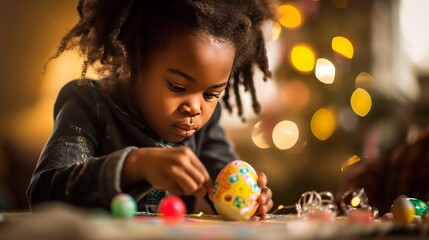 Fototapeta na wymiar Black girl is coloring an Easter egg. The concept of Easter