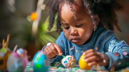 Black girl is coloring an Easter egg. The concept of Easter