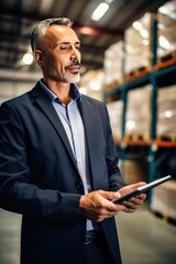 Warehouse worker efficiently managing paperwork flow with expertise. A middle-aged man stands in a warehouse with a tablet computer and checks the statements for the presence of goods.