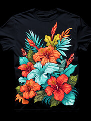 super T-shirt design featuring tropical flowers with a little-flat graphic design created with Generative Ai