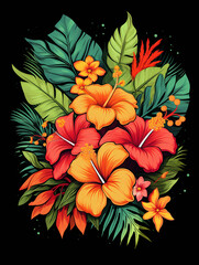 super T-shirt design featuring tropical flowers with a little-flat graphic design created with Generative Ai