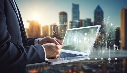 Human interaction of advanced technology based on AI hologram with greenery city concept, eco-friendly city with hologram network light bulb screen icons for energy source renewable.