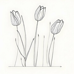Simple White and Black Pencil Sketch Three Closed Tulips Illustration