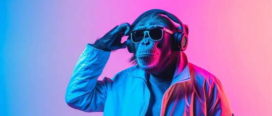 Hellowing Vibes: Cool Ape Grooving to the Beat in Neon Lights - obrazy, fototapety, plakaty