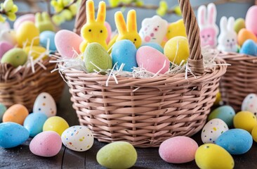 Easter eggs and rabbits in the woven basket. Holidays decorations.