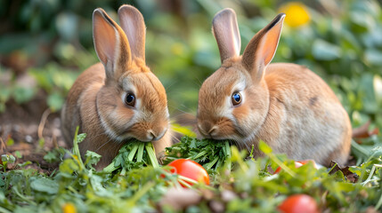Obraz premium rabbit in the grass, a pair of adorable rabbits munching on fresh vegetables in a cozy backyard garden