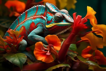 A tiny chameleon blending into vibrant tropical flowers.