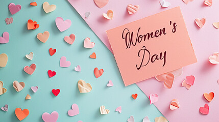 "Women's Day" surrounded by pastel-colored paper hearts, Women's day, pastel background, Flat lay, top view, with copy space