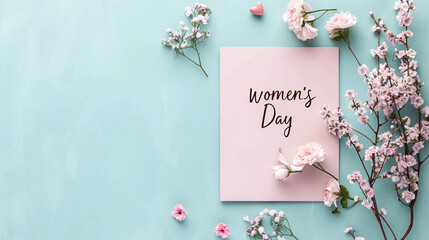 A minimalist design of "Women's Day" with geometric shapes in pastel tones, Women's day, pastel background, Flat lay, top view, with copy space