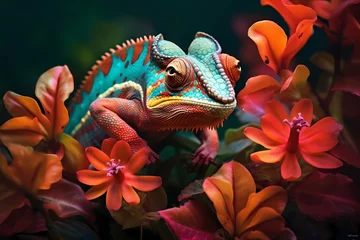Fotobehang A tiny chameleon blending into vibrant tropical flowers. © Animals