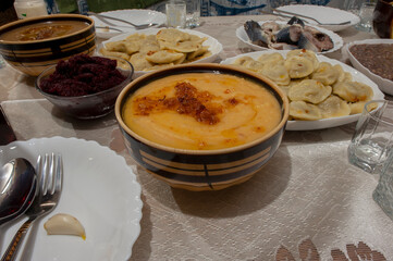 Christmas Eve table, Ukrainian Christmas Eve traditional dishes on the table. Traditional Christmas Slavic dish Kutia, traditional Orthodox food.