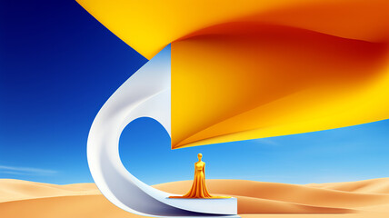 Surreal desert landscape with large white swirl, golden draped figure, and bold geometric shapes against a blue sky.Abstract art concept. AI generated.