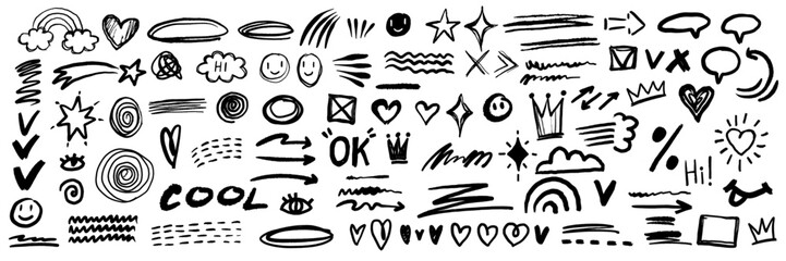 Doodle sketch element set, vector hand drawn graphic line shapes, arrow, hearts, underline. Simple squiggle kit, crown, stars, vignetting speech bubble, grunge scribble. Ink doodle element, check mark