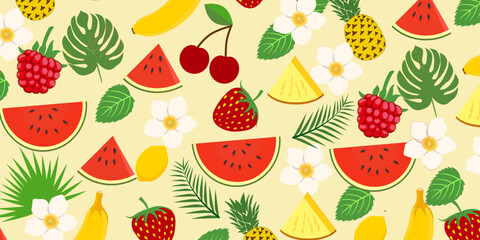 Tropical seamless pattern with tropical fruits. Cute summer background for fabrics, decorative paper, textile print. Templates for celebration, ads, branding, banner, cover, label, poster 