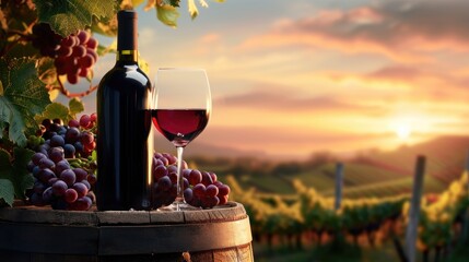 Red wine glass and grape on wooden barrel with vineyard background