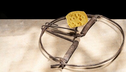 Old metal spring type trap used to catch mice with cheese as bait to attract them