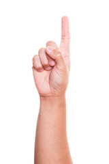 Man hand pointing upwards on isolated white background