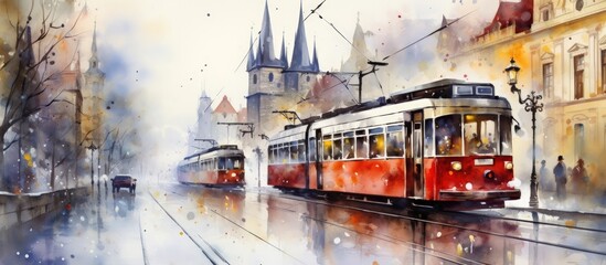 Illustration watercolor sketch of a old tram moving on city street. Generate AI image - obrazy, fototapety, plakaty