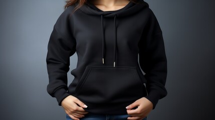 Black hoodie mockup template  front view of woman, clipping path, isolated studio shot