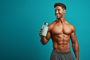 Healthy lifestyle: Handsome bodybuilder with a shaker bottle, promoting fitness and diet. - obrazy, fototapety, plakaty