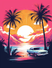 T-shirt design, Abstract 1980's futurism. Car city, beach, palms art style created with Generative Ai