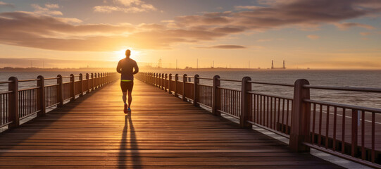 Obraz premium Athletic silhouette: Person running along the sea embankment at sunrise.
