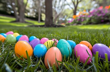 Fototapeta na wymiar Decorated Easter eggs in field. Colorful background. Easter banner.
