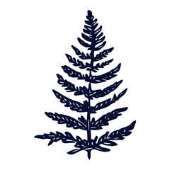 Handmade blockprint fern leaf motif clipart in folkart scandi style. Simple monochrome linocut plant shapes with naive rural lineart.