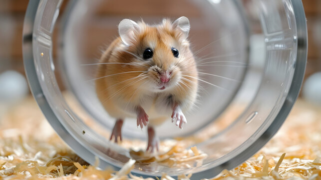 hamster in glass, a contented hamster running on a wheel, enjoying its exercise and playtime