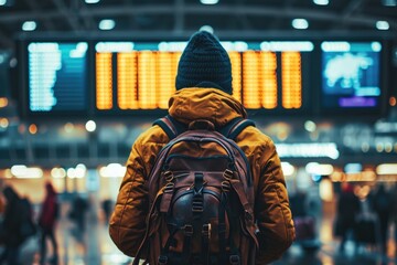 Traveler at airport terminal. Travel concept. Generative AI - obrazy, fototapety, plakaty