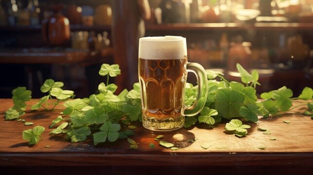 An imaginary painted beer from a legend. A large mug of beer stands on the bar counter in a fairy-tale style bar surrounded by clovers. St.Patrick 's Day
