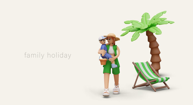 Concept of family holiday. Woman carries boy along sandy beach. Mother rests with her son on tropical beach under palm trees. Healthy active games outside
