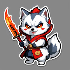 Cute husky kitsune warrior holding katana sword in front of a fire