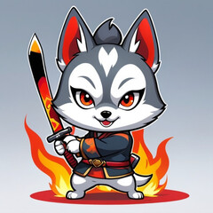 Cute husky kitsune warrior holding katana sword in front of a fire