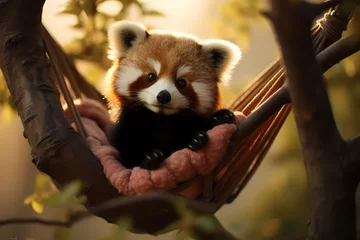 Fotobehang A tiny red panda lounging in a treetop hammock. © Animals
